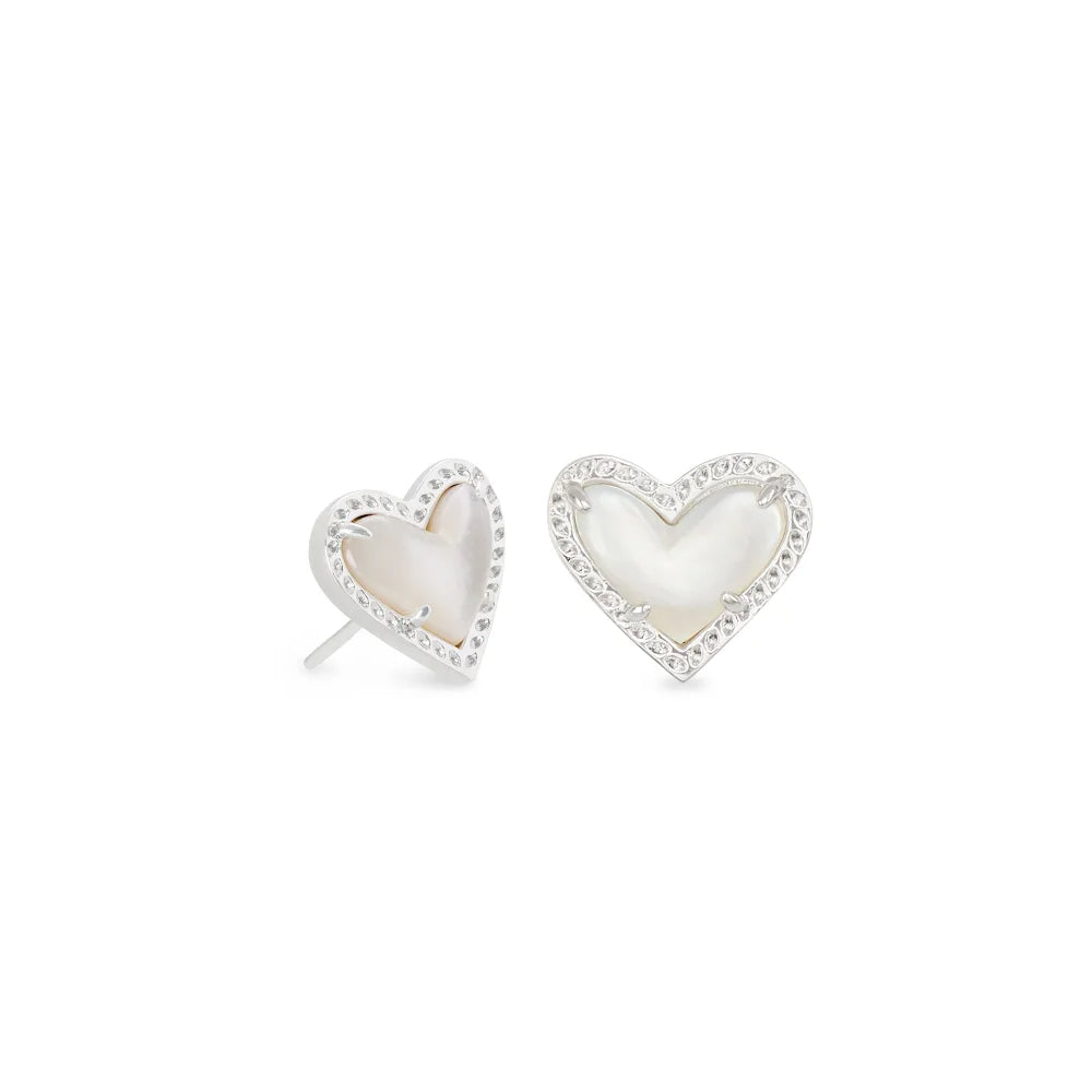 Kendra Scott Ari Heart Rhodium Stud Earrings in Ivory Mother of Pearl