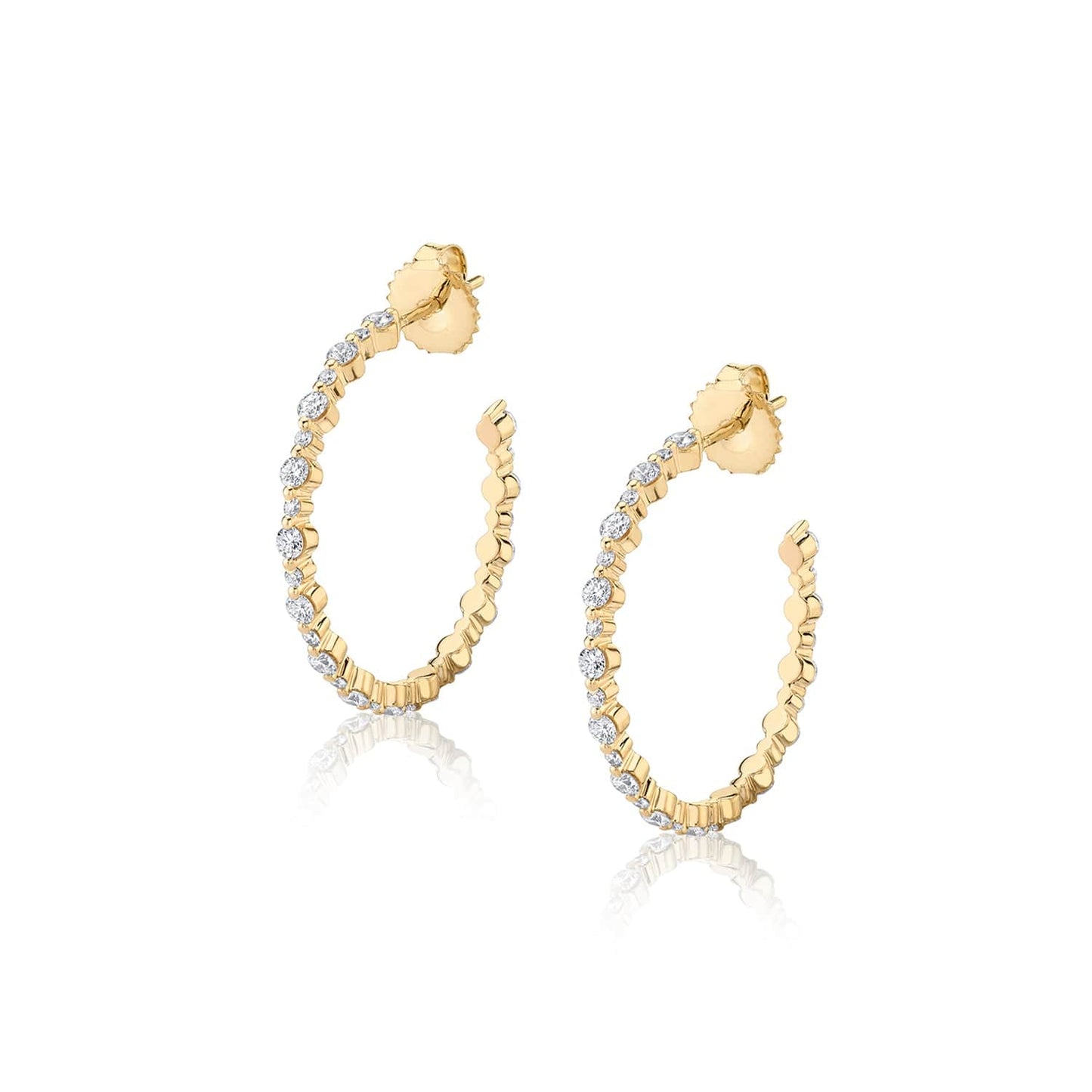 14 Karat Yellow Gold Cloud Alternating Diamond Hoop Earrings