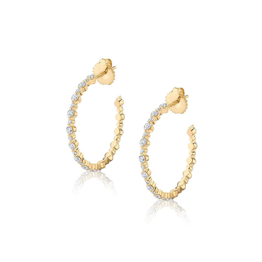 14 Karat Yellow Gold Cloud Alternating Diamond Hoop Earrings