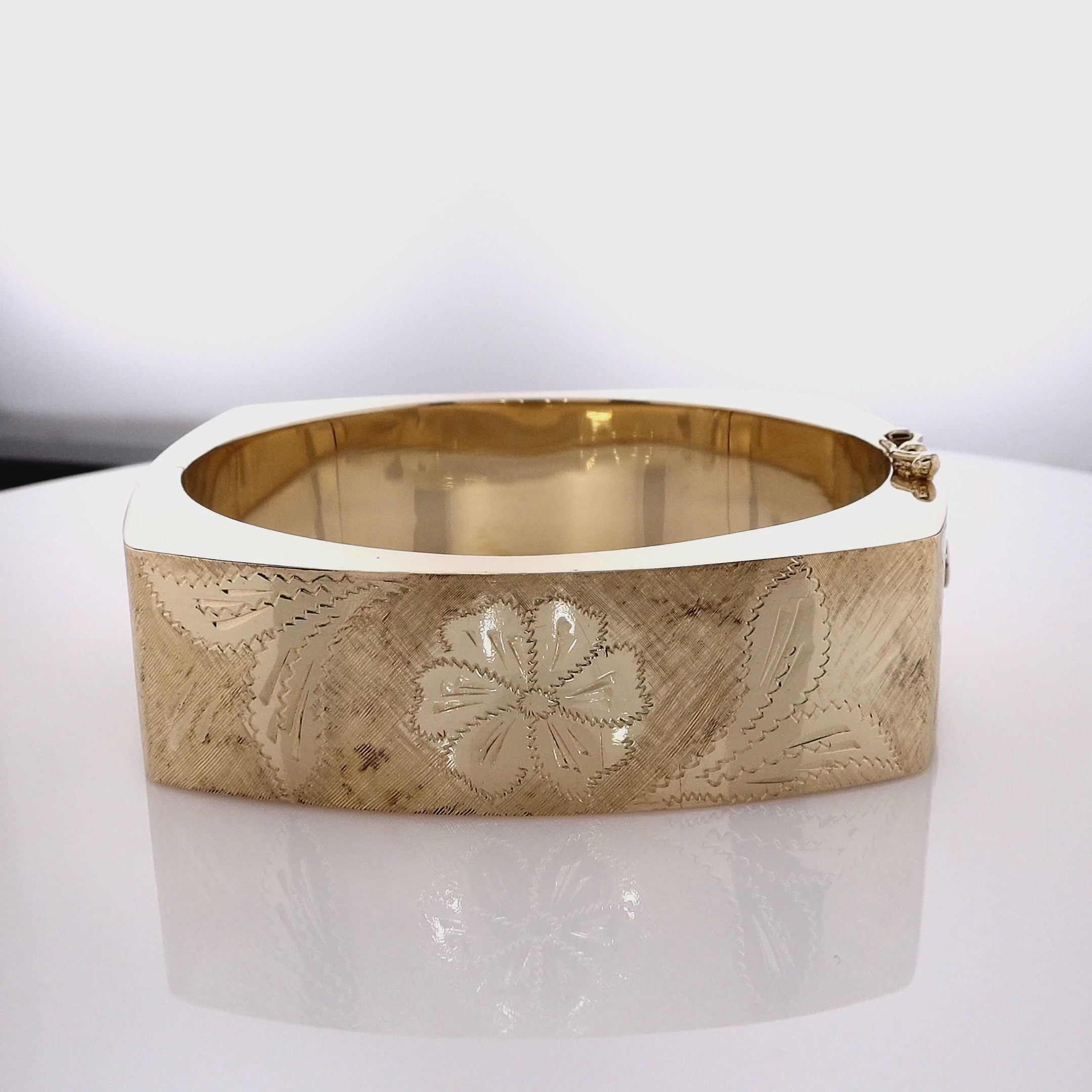 Estate 14k Yellow Gold Florentine Engraved Flower Design Wide Bangle B Smyth Jewelers
