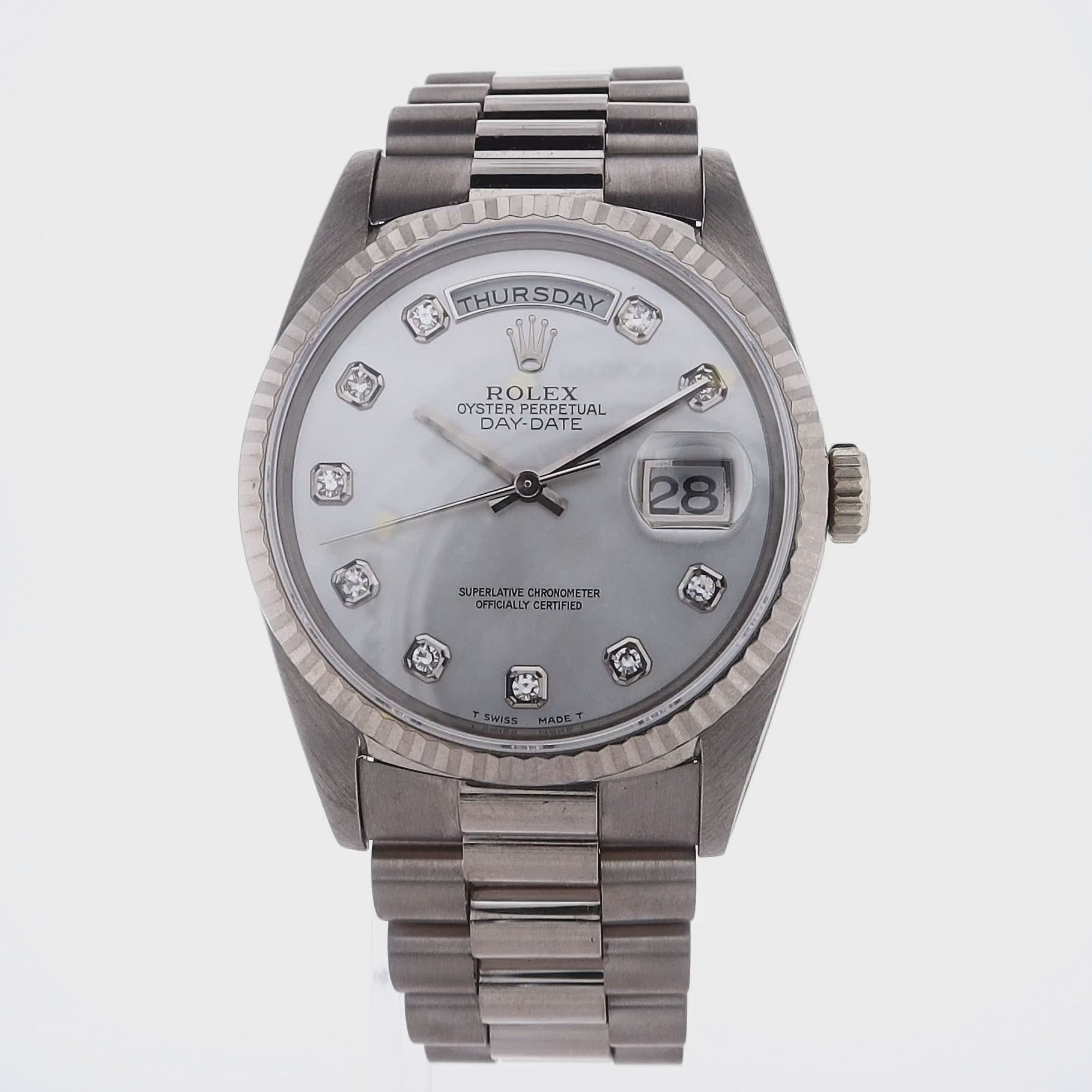 Estate Rolex Day Date with Mother of Pearl Diamond Dial in 18k White G Smyth Jewelers