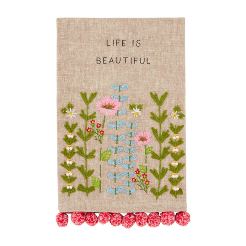 Mud Pie Bloom Floral Embroidery Pom Towel