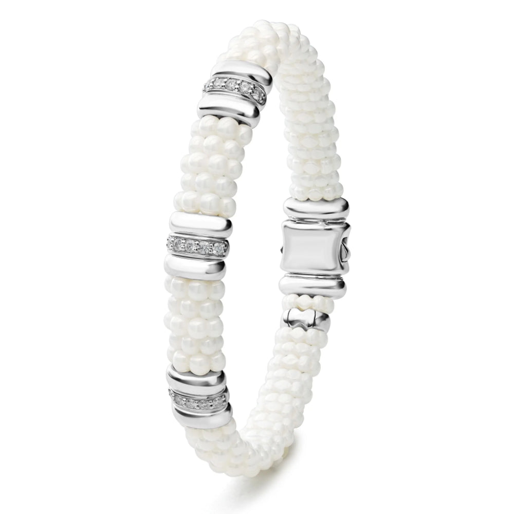 Lagos White Caviar Three Station Ceramic Diamond Bracelet