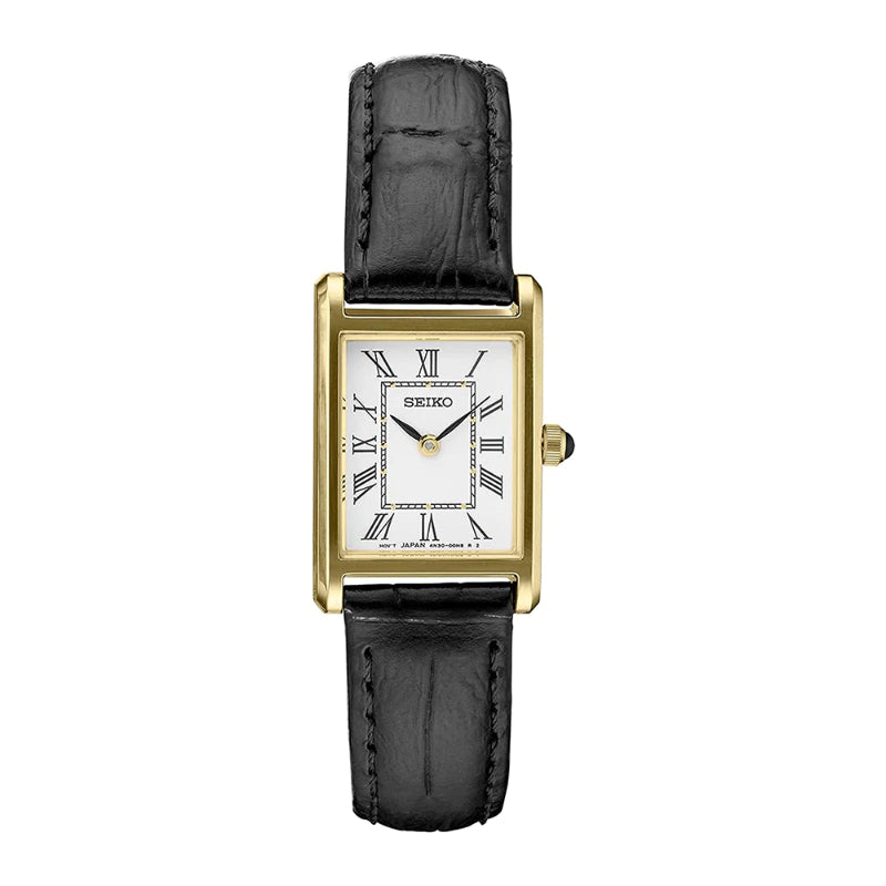 Seiko Essentials Ladies Analog White Dial, Black Leather Strap