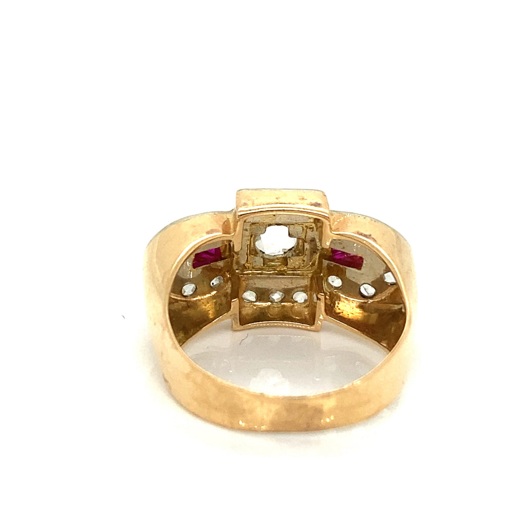 Estate Jewelry 18k Yellow Gold Retro Diamond Ruby Ring