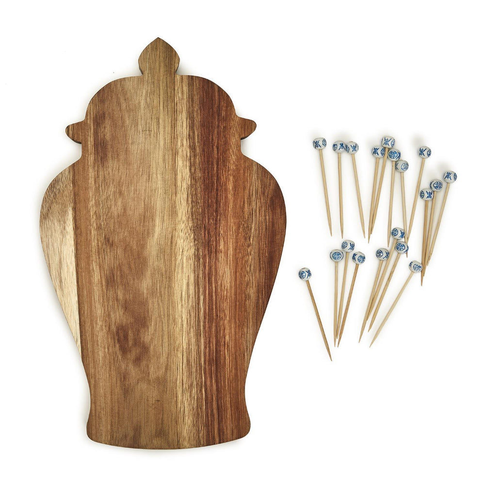 Two's Company Ginger Jar-Shaped Serving Board with 20 Cocktail Picks