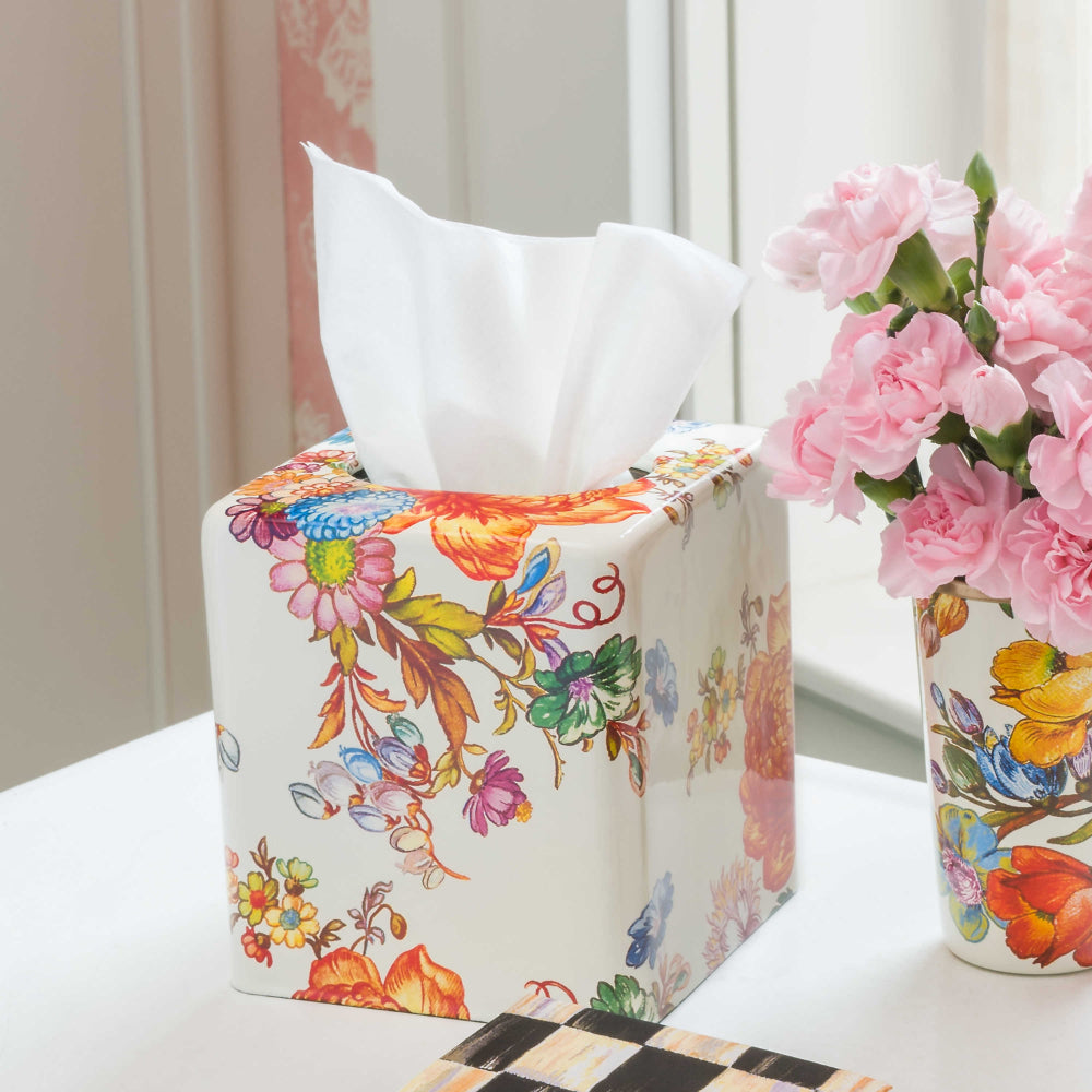 MacKenzie Childs Flower Market Boutique Tissue Box Cover White