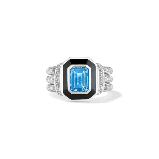 Judith Ripka Sterling Silver Adrienne Ring with Enamel, Swiss Blue Topaz and Diamonds