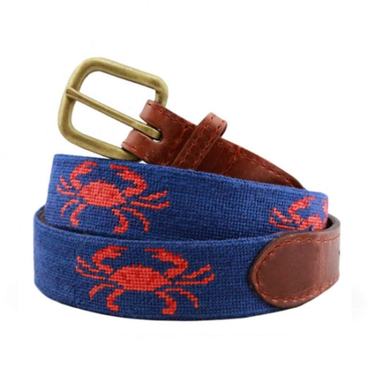 Smathers & Branson Coral Crab Needlepoint Belt - Classic Navy