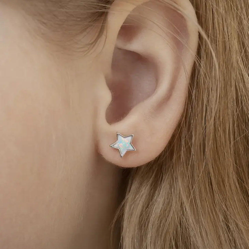 Children's Sterling Silver & Simulated Opal Star Stud Earrings