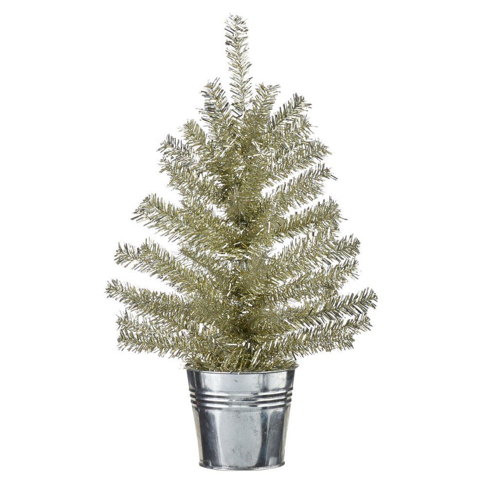 18" Champagne Tinsel Tree in Galvenized Bucket