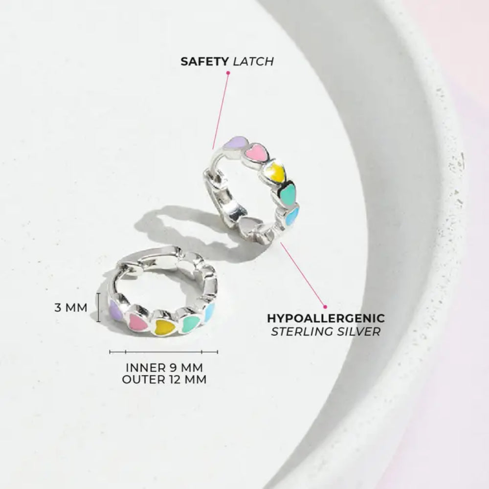 Children's Sterling Silver & Multicolor Enamel Heart Huggie Hoop Earrings