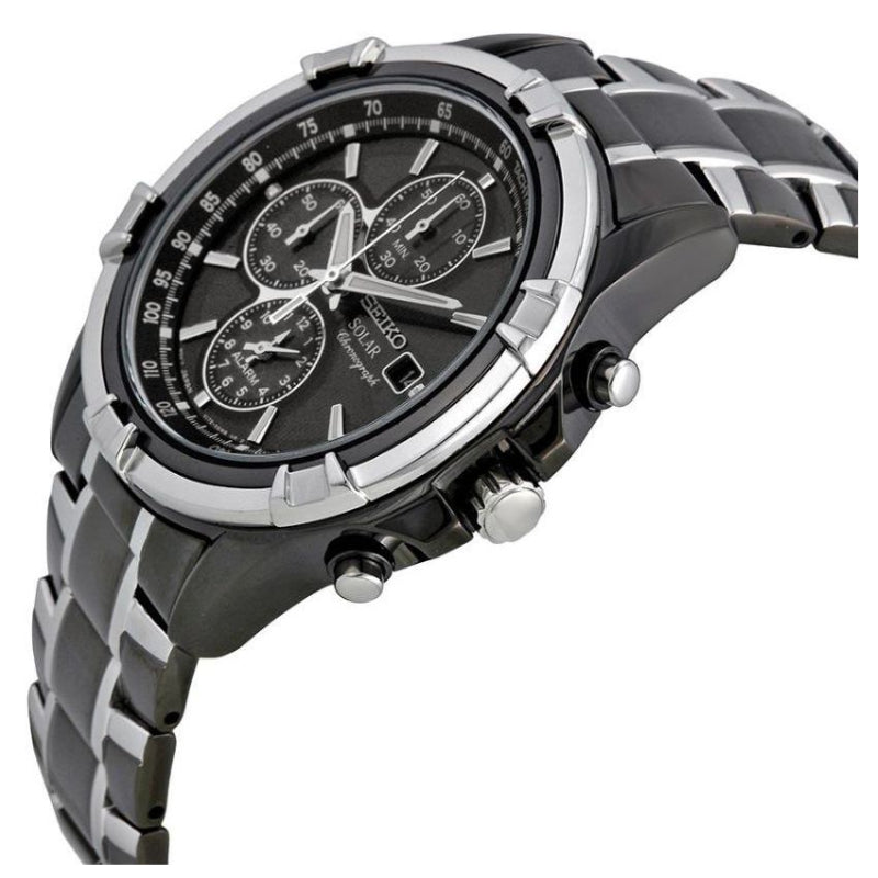 Seiko Essentials 43mm Solar Black Dial Black Ion Stainless Chronograph