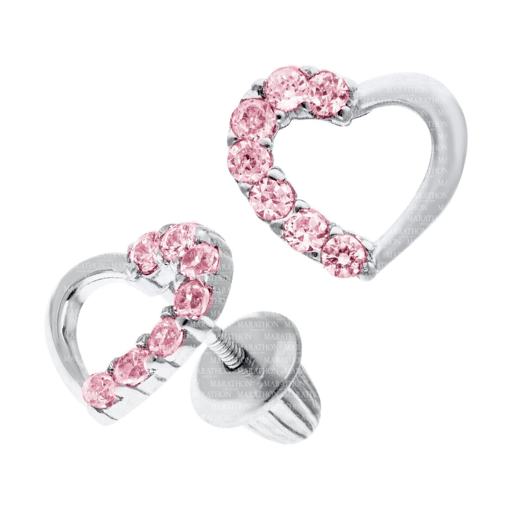 Children's Pierced Pink CZ Heart Earrings