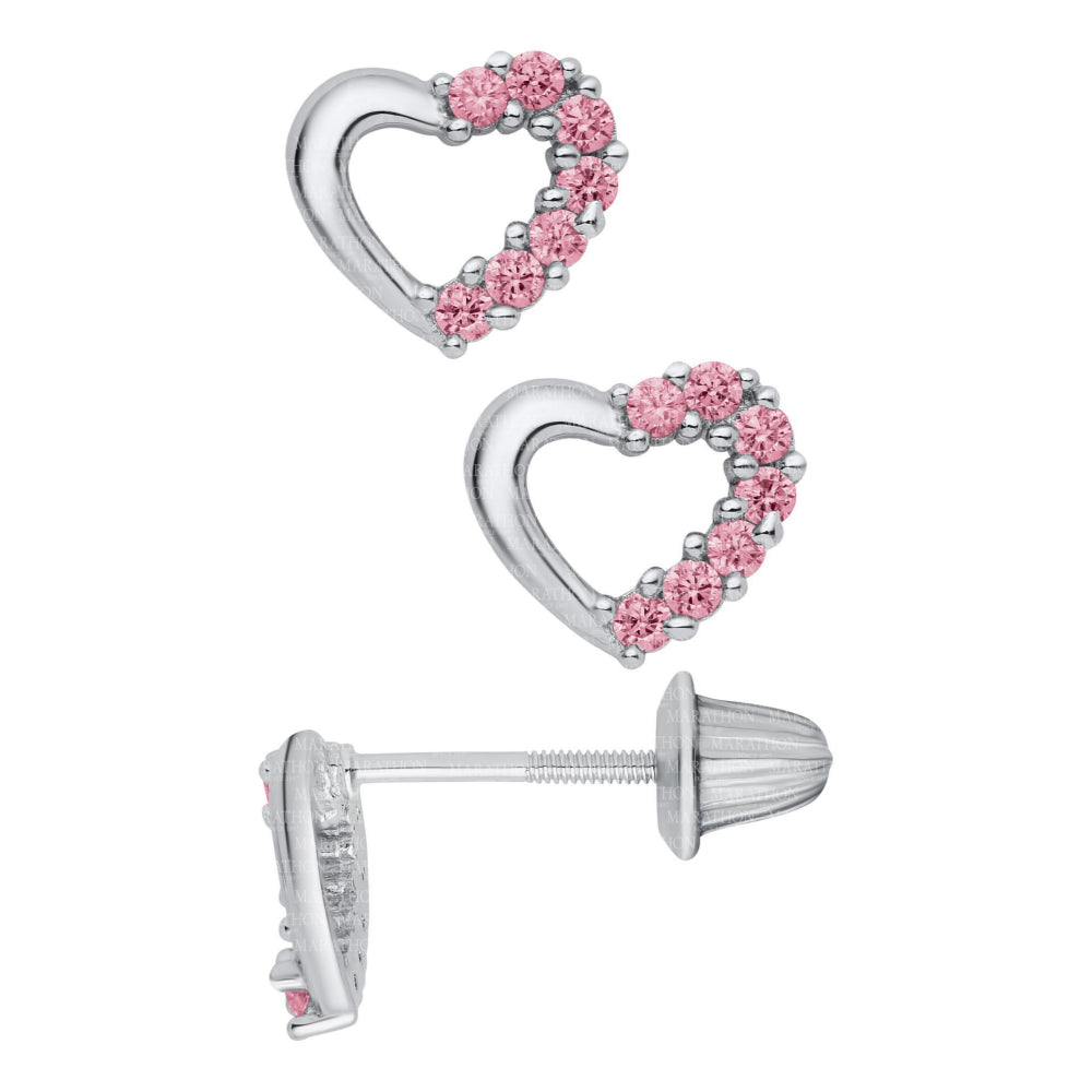 Children's Pierced Pink CZ Heart Earrings