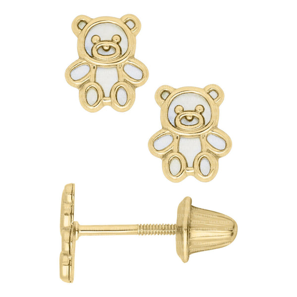 14K White Gold Childrens Teddy Bear Safety Back Earrings