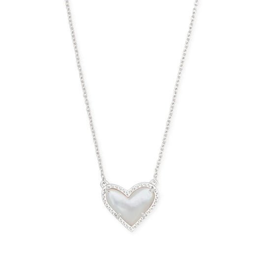 Ari Heart Rhodium Pendant Necklace in Ivory Mother-of-Pearl